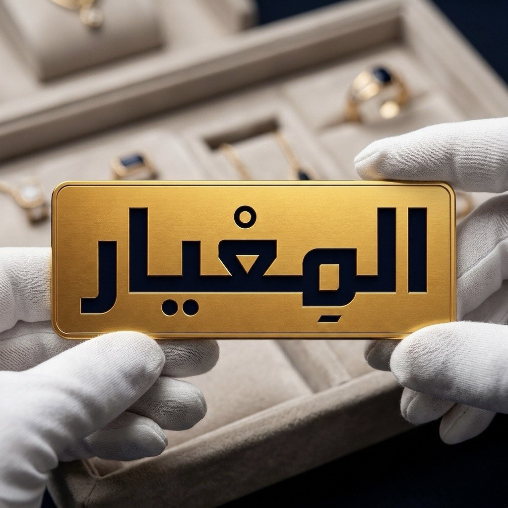 شعار المِعْيار على لوحة ذهبية داخل محل مجوهرات